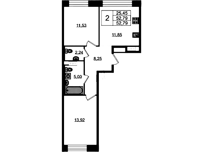 2-комнатная квартира 52.79 м², 3/5 эт., ЖК «Plus Пулковский»